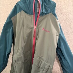 Cotopaxi Women's Teal and Gray Raincoat with Pink Accents